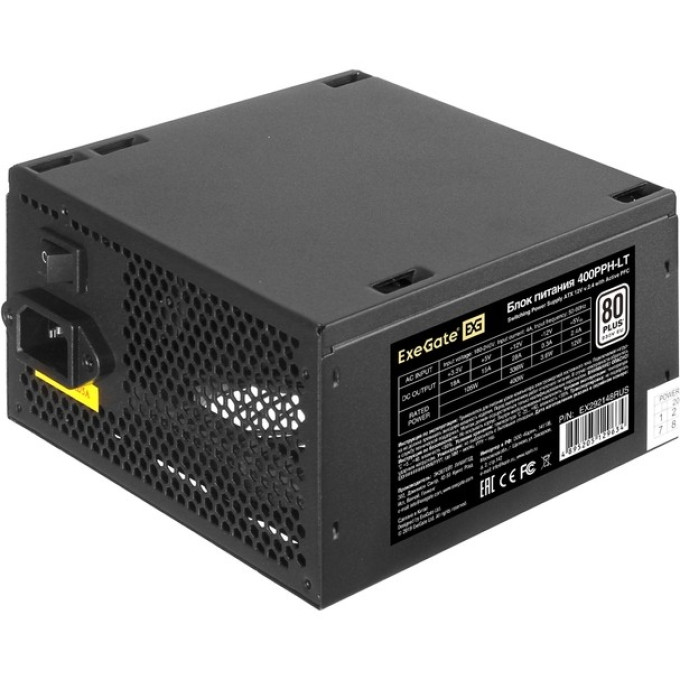 Блок питания 400W EXEGATE 80 PLUS® 400PPH-LT-OEM ATX, APFC, КПД 82% (80 PLUS), 24pin, (4+4)pin, PCI-E, 3xSATA, black, кабель 220V с защитой от выдергивания, RTL