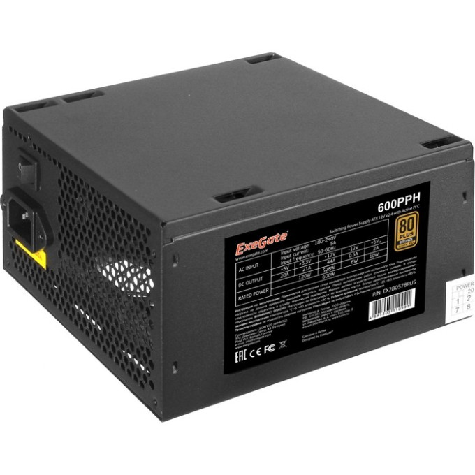 Блок питания 600W EXEGATE 80 PLUS® Bronze 600PPH-S ATX, APFC, КПД 85% (80 PLUS Bronze)SC