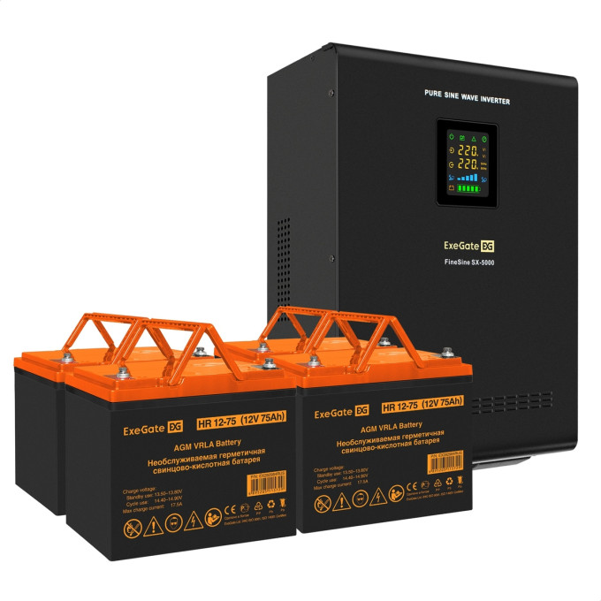 Комплект ИБП EXEGATE FINESINE SX-5000.LCD.AVR.2SH.T + батарея HR 12-75-М6 75Ач, 4шт